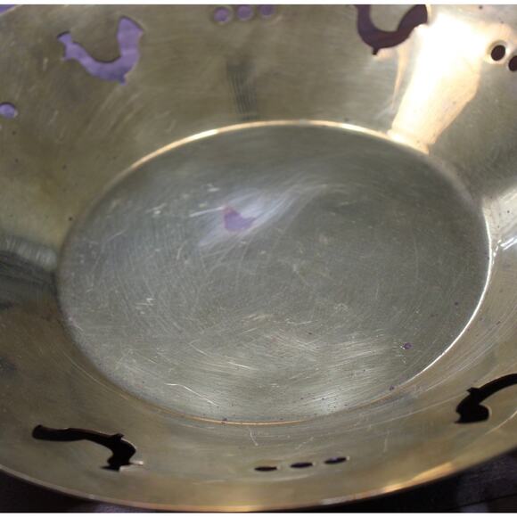 Vintage Round Brass Bowl with Cutout Rooster Chicken Design 11" Fruit Farmhouse - Picture 6 of 7